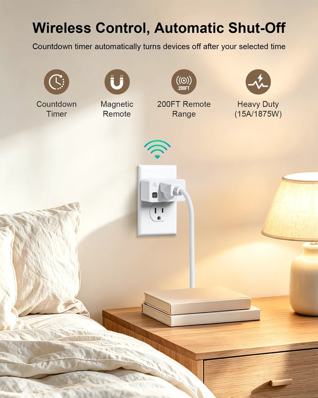 Alt view image 2 of 7 - Remote Control Outlet with Countdown Timer, Portable Magnetic Switch | 5Min/15Min/30Min/60Min/2H/4H Countdown Timer, 200FT Wireless Range, Mini Plug, 15A/1875W, for Lamp/Light/Household Appliances