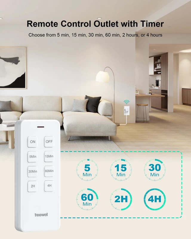 Alt view image 3 of 7 - Remote Control Outlet with Countdown Timer, Portable Magnetic Switch | 5Min/15Min/30Min/60Min/2H/4H Countdown Timer, 200FT Wireless Range, Mini Plug, 15A/1875W, for Lamp/Light/Household Appliances