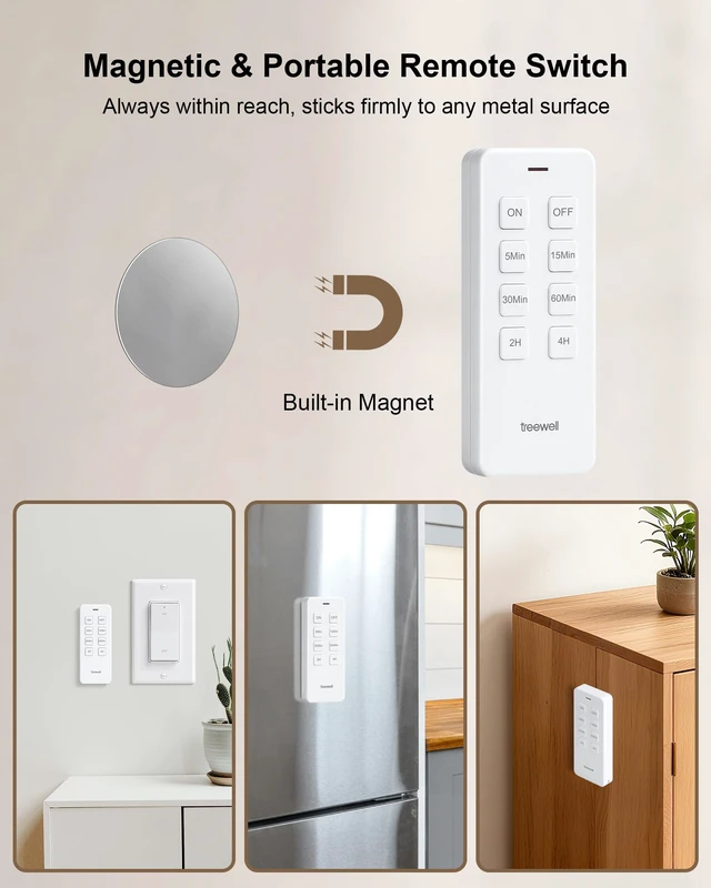 Alt view image 4 of 7 - Remote Control Outlet with Countdown Timer, Portable Magnetic Switch | 5Min/15Min/30Min/60Min/2H/4H Countdown Timer, 200FT Wireless Range, Mini Plug, 15A/1875W, for Lamp/Light/Household Appliances