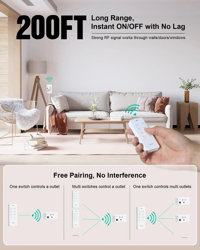 Alt view image 5 of 7 - Remote Control Outlet with Countdown Timer, Portable Magnetic Switch | 5Min/15Min/30Min/60Min/2H/4H Countdown Timer, 200FT Wireless Range, Mini Plug, 15A/1875W, for Lamp/Light/Household Appliances