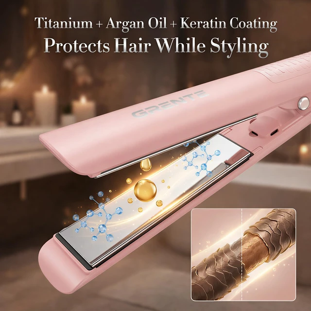 Alt view image 2 of 7 - Titanium Flat Iron Travel Hair Straightener and Curler 2 in 1 with Quick Fast Heating, 1 Inch Professional Straightening Iron, 5 Temp Settings for All Hair Types, Dual Voltage & Auto-Shut Off(Pink)
