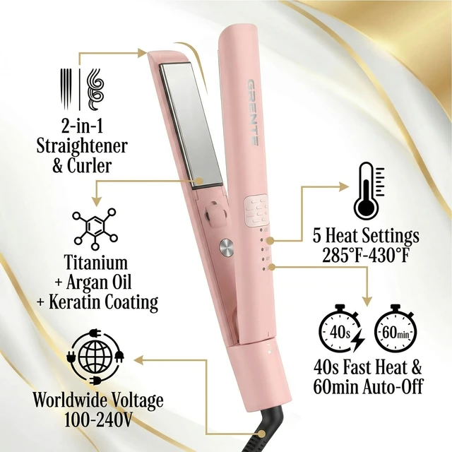 Alt view image 4 of 7 - Titanium Flat Iron Travel Hair Straightener and Curler 2 in 1 with Quick Fast Heating, 1 Inch Professional Straightening Iron, 5 Temp Settings for All Hair Types, Dual Voltage & Auto-Shut Off(Pink)