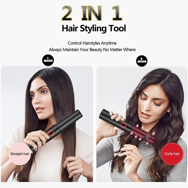 Alt view image 3 of 7 - Cordless Mini Hair Straightener, USB-C Rechargeable Travel Flat Iron | 2-in-1 Straightener & Curler with 3 Heat Settings, Compact Design for Travel, Quick Touch-Ups & Fine to Medium Hair