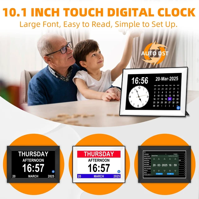 Alt view image 6 of 7 - 10.1" Touchscreen Digital Calendar Alarm Clock, Dementia Clocks for Seniors Extra Large Display Clock with Day and Date for Elderly, 40 Reminders&64 Alarms&Auto-Dimming&Auto DST(Black)