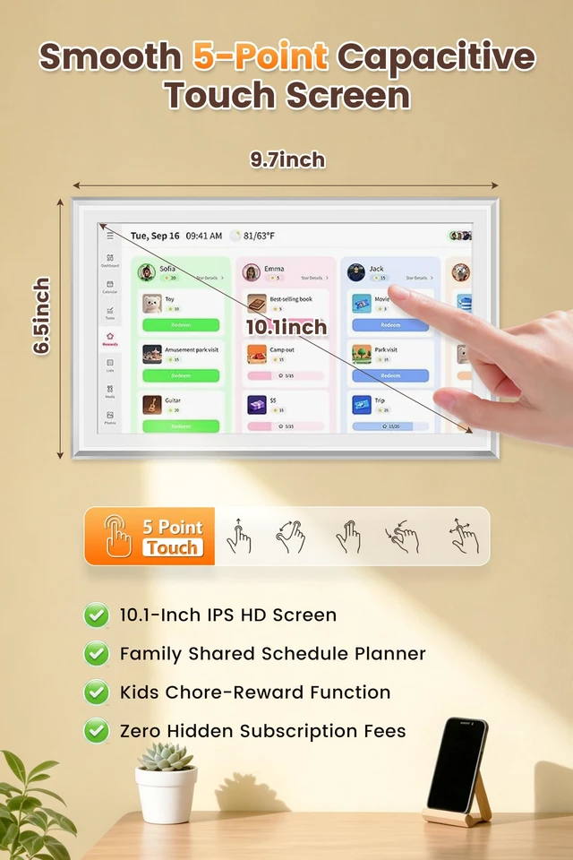 Alt view image 3 of 7 - 10.1" Digital Calendar, No Subscription, Compact Family Planner | Compact HD Touchscreen Calendar with Chore Tracking, Meal Planning, Family Sync and Digital Photo Frame for Small Spaces