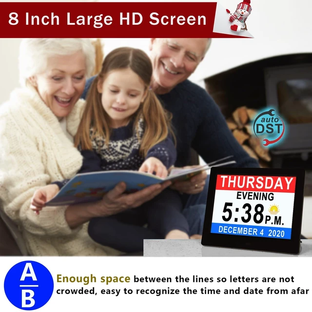 Alt view image 3 of 7 - 19 Alarms Dementia Clock 8 Inch Large Display, Auto DST, 10 Levels Auto Dimmable, Non-Abbreviated Date and Day Calendar Clock for Seniors, with Power Adaptor, Picture Frame Feature