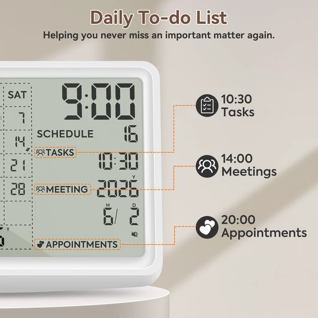 Alt view image 4 of 7 - Digital Calendar, Digital Desk Planner Schedule Reminder Clock with Day and Date, Chargeable 8 Inch Large Display (White, 8 inch)