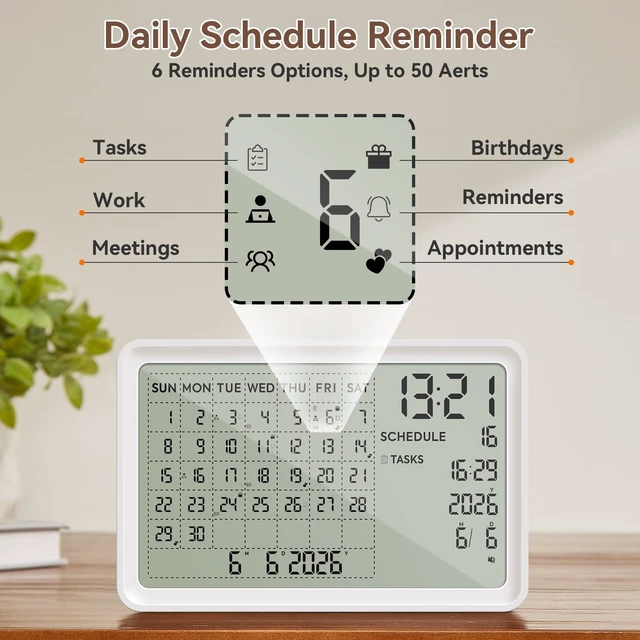 Alt view image 3 of 7 - Digital Calendar, Digital Desk Planner Schedule Reminder Clock with Day and Date, Chargeable 8 Inch Large Display (White, 8 inch)
