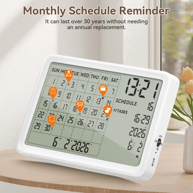 Alt view image 5 of 7 - Digital Calendar, Digital Desk Planner Schedule Reminder Clock with Day and Date, Chargeable 8 Inch Large Display (White, 8 inch)