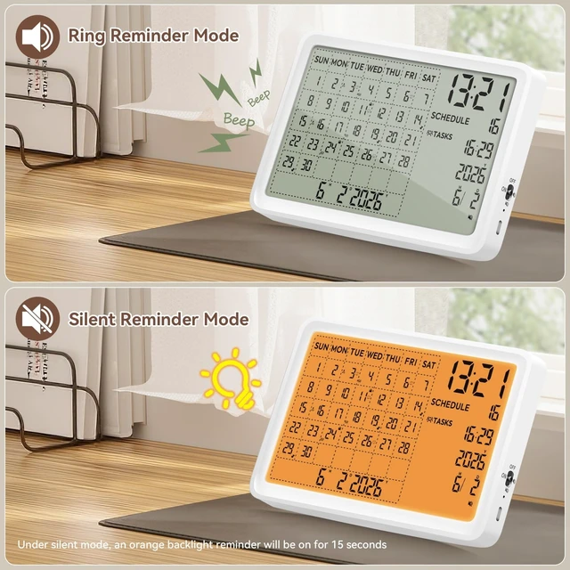 Alt view image 6 of 7 - Digital Calendar, Digital Desk Planner Schedule Reminder Clock with Day and Date, Chargeable 8 Inch Large Display (White, 8 inch)