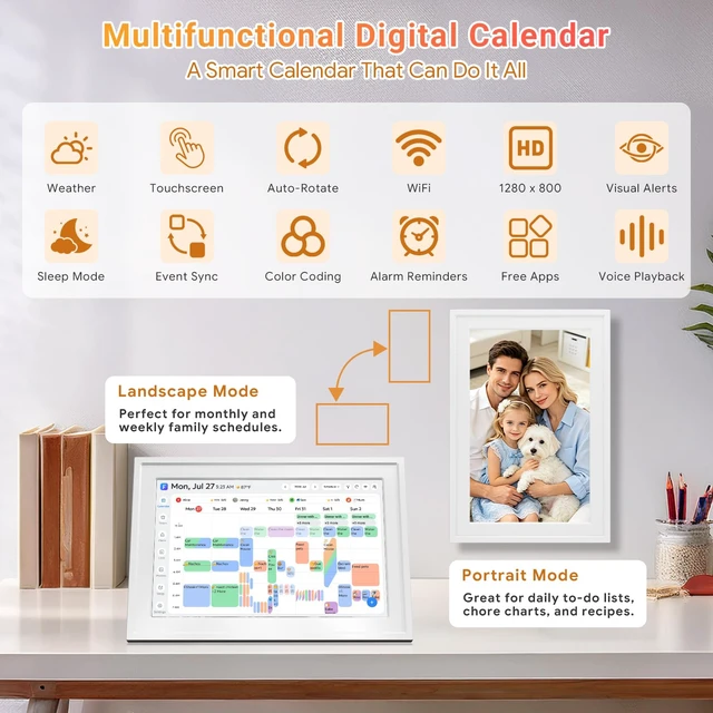 Alt view image 3 of 7 - Smart Digital Calendar No Subscription 10.1" Touch Screen | FamilyPlanner Desk Organizer with Chore Chart & Star Rewards, Meal Plan, Photo Frame & Art Display, Wall/Desk Mount