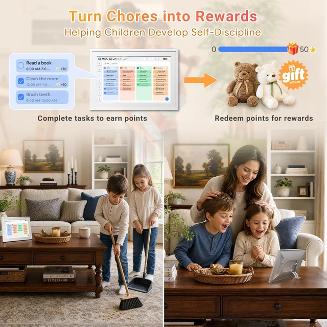 Alt view image 5 of 7 - Smart Digital Calendar No Subscription 10.1" Touch Screen | FamilyPlanner Desk Organizer with Chore Chart & Star Rewards, Meal Plan, Photo Frame & Art Display, Wall/Desk Mount