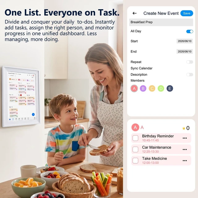Alt view image 4 of 7 - 10.1" Smart Digital Calendar, Two - Way Sync with Phones,Chore Charts,Achievement Rewards, AI Meal Planning,Smart Touchscreen Interactive Display for Family Schedules and Cloud Photo