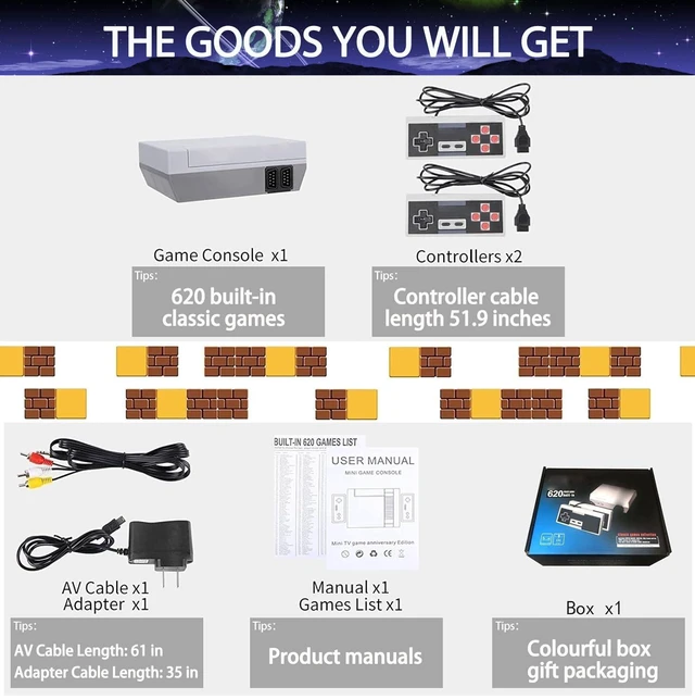 Alt view image 7 of 7 - Retro Gaming Console Built-in Classic 620 Games | AV Output 8-Bit Classic Game Console with 2 Retro Controllers for Christmas, 620 Retro Game Console