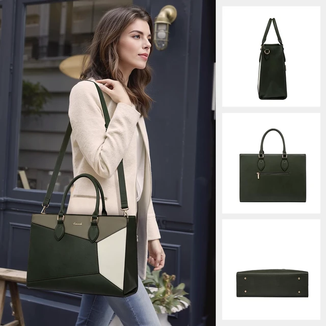 Alt view image 2 of 7 - Laptop Bag for Women,17 lnch Waterproof Lightweight Leather Tote Bag,Professional Business Office Work Bags with Clutch Purse,Large Capacity Computer Shoulder Handbag,Green-Green-White