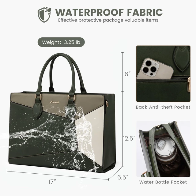 Alt view image 6 of 7 - Laptop Bag for Women,17 lnch Waterproof Lightweight Leather Tote Bag,Professional Business Office Work Bags with Clutch Purse,Large Capacity Computer Shoulder Handbag,Green-Green-White