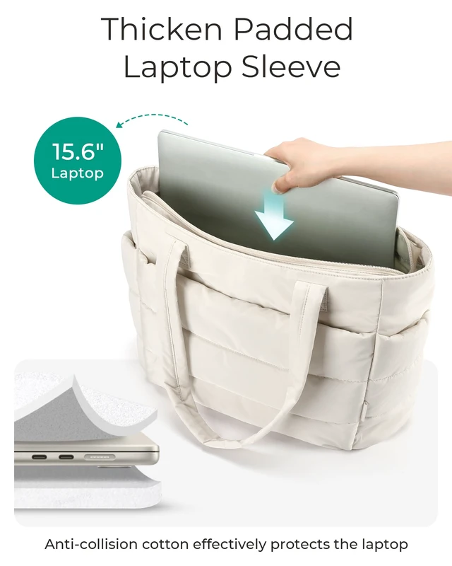 Alt view image 5 of 7 - Tote Bag for Women, Lightweight Puffy Tote Bag with Compartments Shoulder Bag Handbag for Travel, Work, Gym (Light Beige, Standard Size)