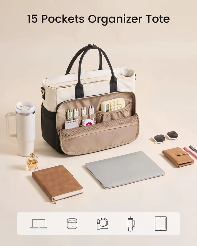 Alt view image 3 of 6 - Laptop Bag for Women, Work Tote Computer Bag for Teacher Nurse | Quilted, Large Cup Holder, Multi Pockets, Structured Briefcase with Shoulder Strap for Office, College, Travel, Commute