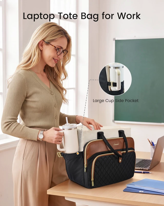 Alt view image 2 of 6 - Laptop Bag for Women, Work Tote Computer Bag for Teacher Nurse | Quilted, Large Cup Holder, Multi Pockets, Structured Briefcase with Shoulder Strap for Office, College, Travel, Commute