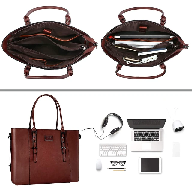 Alt view image 4 of 7 - Laptop Bag for Women, 17.3 inch PU Leather Shoulder Laptop Tote Bag | Waterproof Vintage Large Capacity Briefcase Computer Bags Work Bag for Office Work Travel, Brown