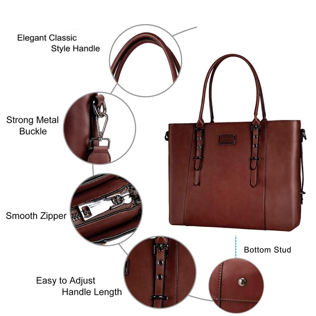 Alt view image 5 of 7 - Laptop Bag for Women, 17.3 inch PU Leather Shoulder Laptop Tote Bag | Waterproof Vintage Large Capacity Briefcase Computer Bags Work Bag for Office Work Travel, Brown