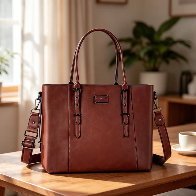 Alt view image 3 of 7 - Laptop Bag for Women, 17.3 inch PU Leather Shoulder Laptop Tote Bag | Waterproof Vintage Large Capacity Briefcase Computer Bags Work Bag for Office Work Travel, Brown