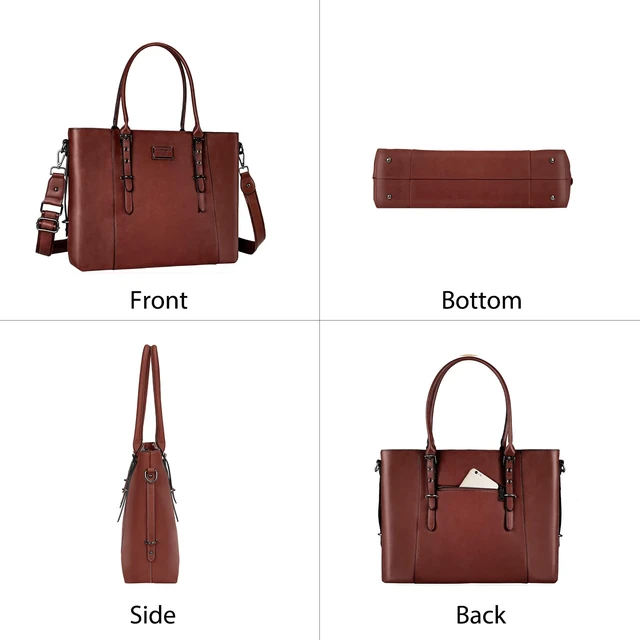 Alt view image 6 of 7 - Laptop Bag for Women, 17.3 inch PU Leather Shoulder Laptop Tote Bag | Waterproof Vintage Large Capacity Briefcase Computer Bags Work Bag for Office Work Travel, Brown