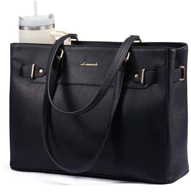 Main image of Laptop Tote Bag for Women Work, Teacher Tote Bag Nurse Bag with Large Cup Holder, 15.6 Inch Waterproof Leather Computer Bag Professional Business Office Briefcase, Black