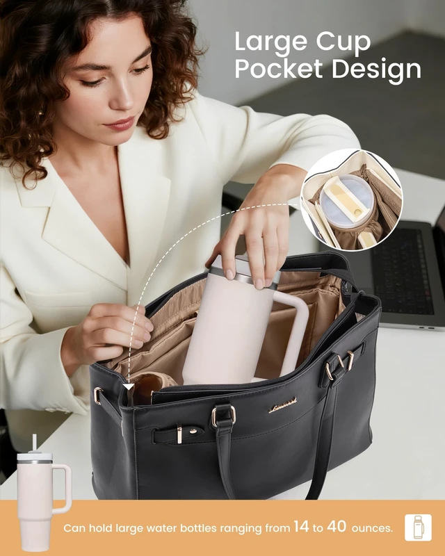 Alt view image 3 of 6 - Laptop Tote Bag for Women Work, Teacher Tote Bag Nurse Bag with Large Cup Holder, 15.6 Inch Waterproof Leather Computer Bag Professional Business Office Briefcase, Black