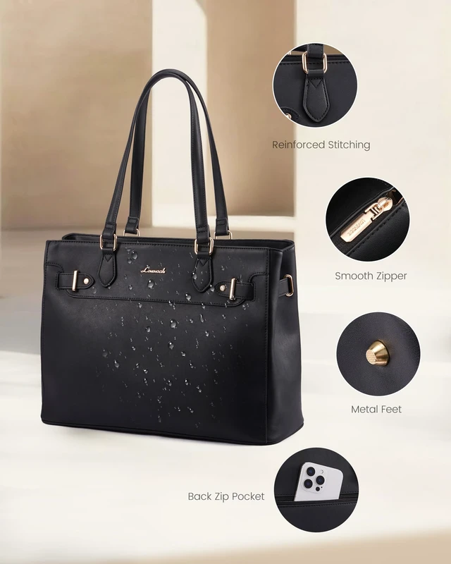 Alt view image 6 of 6 - Laptop Tote Bag for Women Work, Teacher Tote Bag Nurse Bag with Large Cup Holder, 15.6 Inch Waterproof Leather Computer Bag Professional Business Office Briefcase, Black