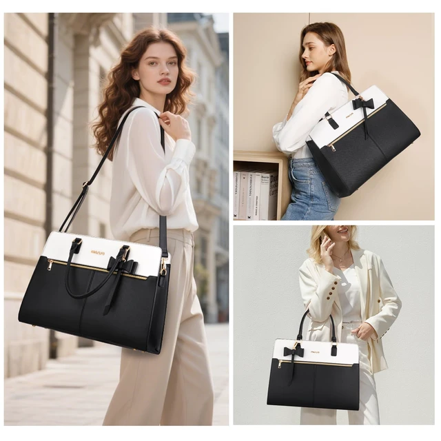 Alt view image 2 of 7 - Laptop Tote Bag for Women, 15.6 inch Waterproof PU Leather Work Bag | Large Capacity Handbag Shoulder Computer Bags Work Briefcase with Clutch Purse & Bowknot for Business Teacher Office, Black