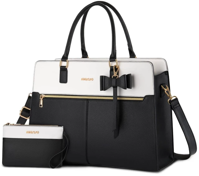 Main image of Laptop Tote Bag for Women, 15.6 inch Waterproof PU Leather Work Bag | Large Capacity Handbag Shoulder Computer Bags Work Briefcase with Clutch Purse & Bowknot for Business Teacher Office, Black