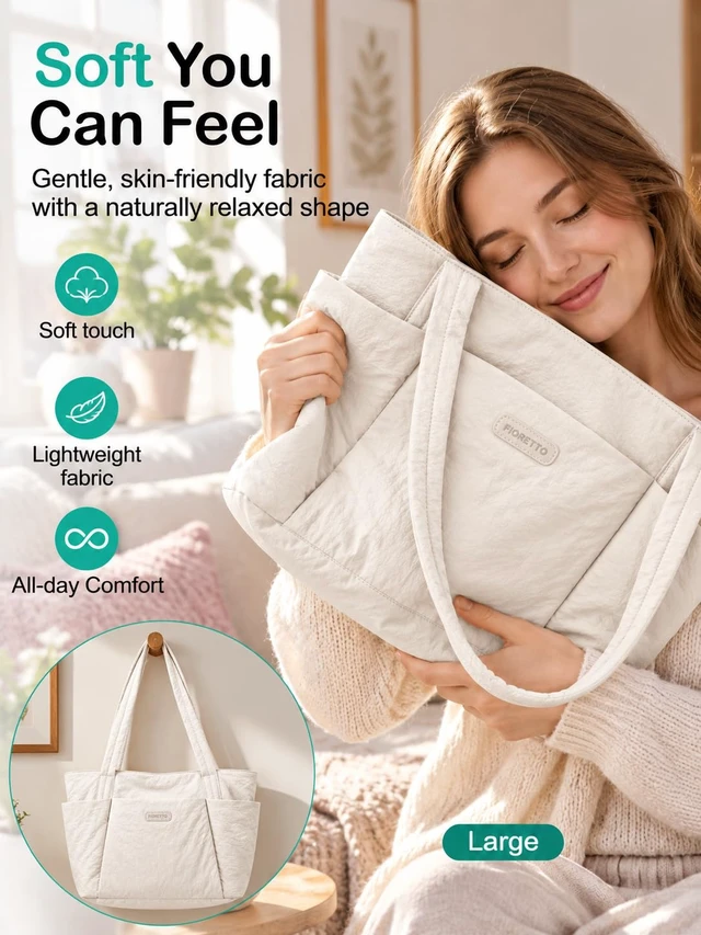 Alt view image 3 of 7 - Puffer Tote Bag for Women, Lightweight Work Tote Handbag with Laptop Compartment, Zipper & Roomy Pockets, Puffy Quilted Nurse Bag for Clinical, Travel, College, Teacher & Gym Beige M