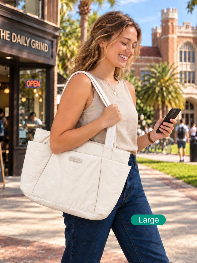 Alt view image 2 of 7 - Puffer Tote Bag for Women, Lightweight Work Tote Handbag with Laptop Compartment, Zipper & Roomy Pockets, Puffy Quilted Nurse Bag for Clinical, Travel, College, Teacher & Gym Beige M