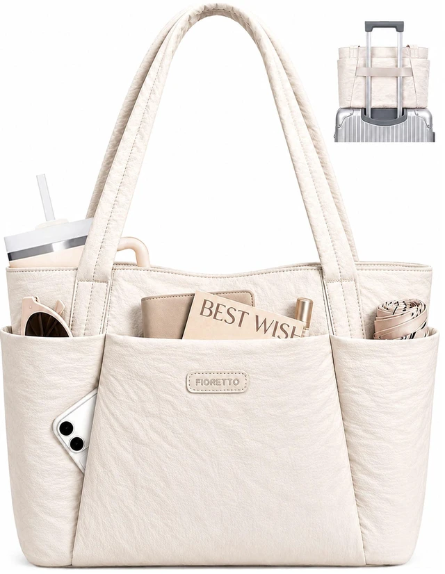 Main image of Puffer Tote Bag for Women, Lightweight Work Tote Handbag with Laptop Compartment, Zipper & Roomy Pockets, Puffy Quilted Nurse Bag for Clinical, Travel, College, Teacher & Gym Beige M