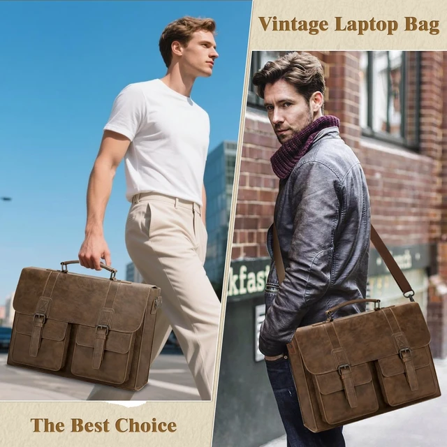Alt view image 2 of 7 - Messenger Bag 15.6 Inch Vintage Multiple Compartment Computer Bag | Laptop Bag Briefcase Large Capacity for Work, Office, College, Business, Waterproof PU Leather Shoulder Bag for Men