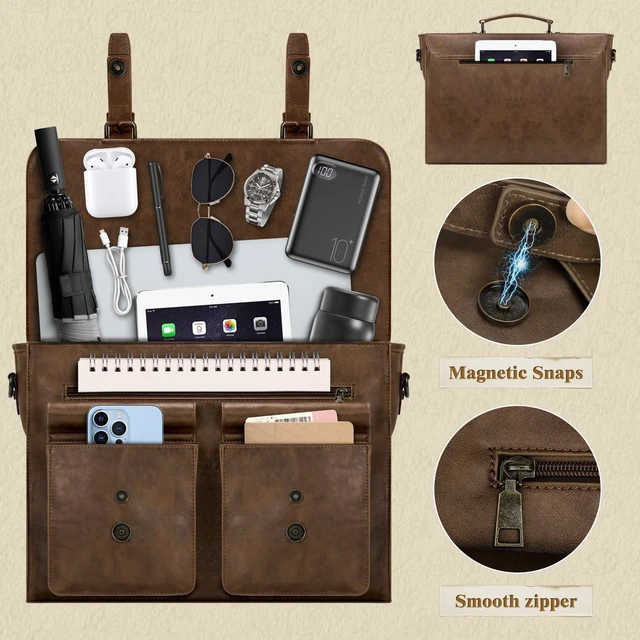 Alt view image 5 of 7 - Messenger Bag 15.6 Inch Vintage Multiple Compartment Computer Bag | Laptop Bag Briefcase Large Capacity for Work, Office, College, Business, Waterproof PU Leather Shoulder Bag for Men