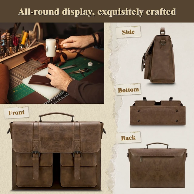 Alt view image 6 of 7 - Messenger Bag 15.6 Inch Vintage Multiple Compartment Computer Bag | Laptop Bag Briefcase Large Capacity for Work, Office, College, Business, Waterproof PU Leather Shoulder Bag for Men