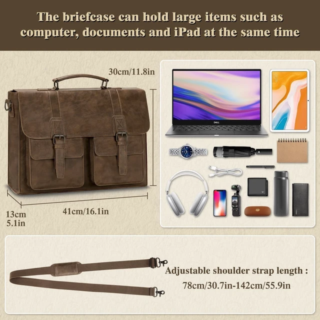 Alt view image 7 of 7 - Messenger Bag 15.6 Inch Vintage Multiple Compartment Computer Bag | Laptop Bag Briefcase Large Capacity for Work, Office, College, Business, Waterproof PU Leather Shoulder Bag for Men