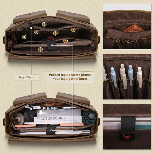Alt view image 4 of 7 - Messenger Bag 15.6 Inch Vintage Multiple Compartment Computer Bag | Laptop Bag Briefcase Large Capacity for Work, Office, College, Business, Waterproof PU Leather Shoulder Bag for Men