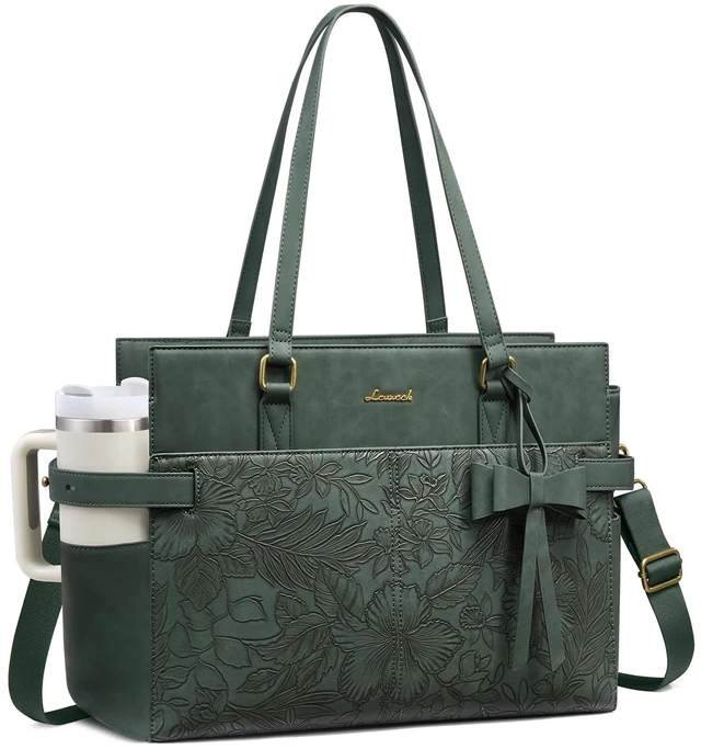 Main image of Laptop Bag for Women, Work Tote Computer Purse for Office Teacher | Large Capacity, Waterproof PU Leather, Fits 15.6/17.3 Inch Laptop, Large Cup Holder, with Luggage Strap, Business Briefcase