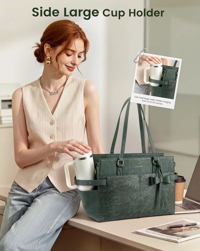 Alt view image 3 of 7 - Laptop Bag for Women, Work Tote Computer Purse for Office Teacher | Large Capacity, Waterproof PU Leather, Fits 15.6/17.3 Inch Laptop, Large Cup Holder, with Luggage Strap, Business Briefcase