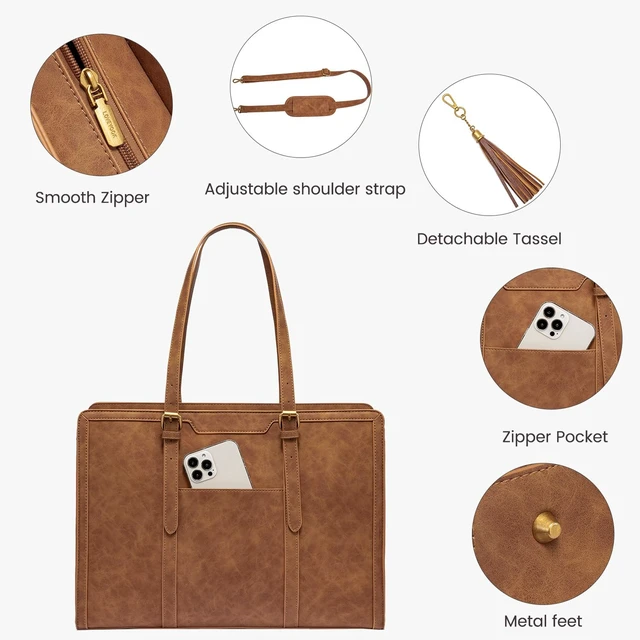 Alt view image 6 of 7 - Laptop Bag for Women Vintage Leather Work Tote 17.3 inch Large Capacity Computer bag with Clutch Purse for Office, Travel, Casual