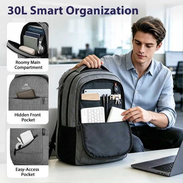 Alt view image 6 of 7 - Travel Laptop Backpack, 17 Inch TSA Approved Carry On Work Bag | Large Business Computer Bag with Trolley Sleeve, College School Bookbag with Anti Theft Pocket, Grey Rucksack for Men Women