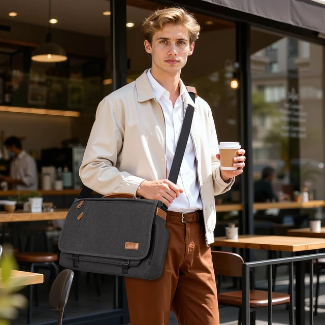 Alt view image 3 of 7 - Men Messenger Bag 15.6 inch, Computer Work Bag Water-resistant Canvas, Laptop Shoulder Bag Briefcase Satchel, Dark Grey