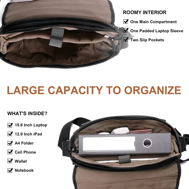 Alt view image 6 of 7 - Men Messenger Bag 15.6 inch, Computer Work Bag Water-resistant Canvas, Laptop Shoulder Bag Briefcase Satchel, Dark Grey