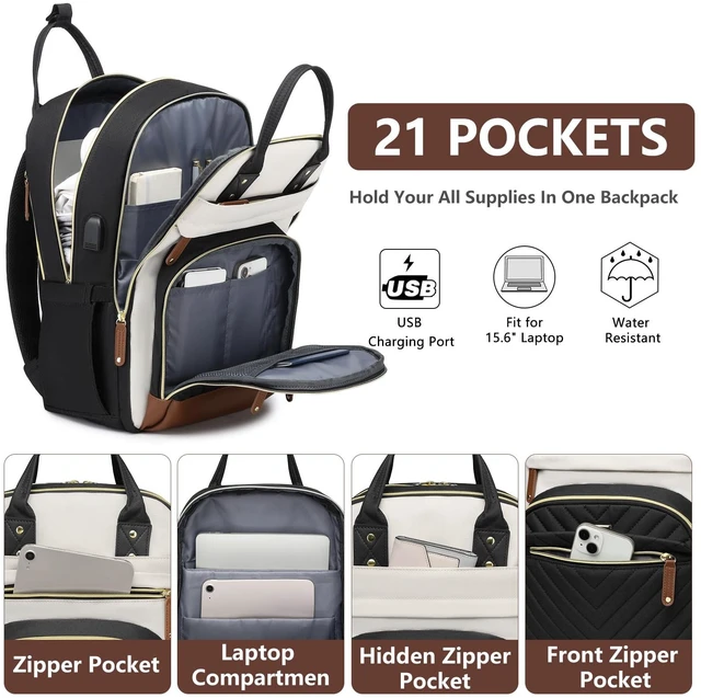 Alt view image 2 of 7 - Laptop Backpack for Women Work Bag: 15.6'' Travel Bookbag with USB Charger 21 Pockets,25L Large Capacity,Personal Item Size for Airplane,Anti-theft Pocket,Luggage Strap for College School Teacher Trip