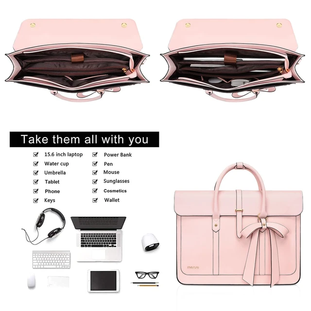 Alt view image 4 of 7 - Laptop Bag for Women, 15-15.6 inch PU Leather Laptop Shoulder Bags | 16 inch Messenger Bags Convertible Backpack Casual Handbag Work Briefcase Travel Computer Bag with Bowknot, Pink