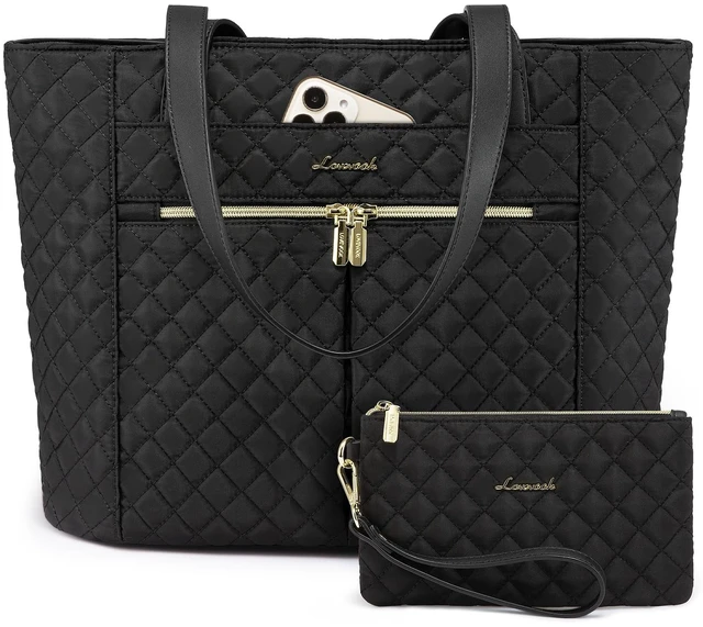 Main image of Laptop Bag for Women 17 inch,Diamond Quilted Work Tote Bags Womens Laptop Tote Bag Computer Shoulder Bags,Stylish Travel Tote Bags Laptop Purse Case Briefcase Handbag with Clutch Purse,Black