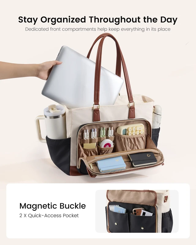 Alt view image 3 of 7 - Tote Bag for Women, Work Laptop Bag for Teachers and Nurses | Large Capacity, Padded Laptop Sleeve, Two Side Pockets for Bottle and Umbrella,Magnetic Exterior Pockets, Luggage Sleeve